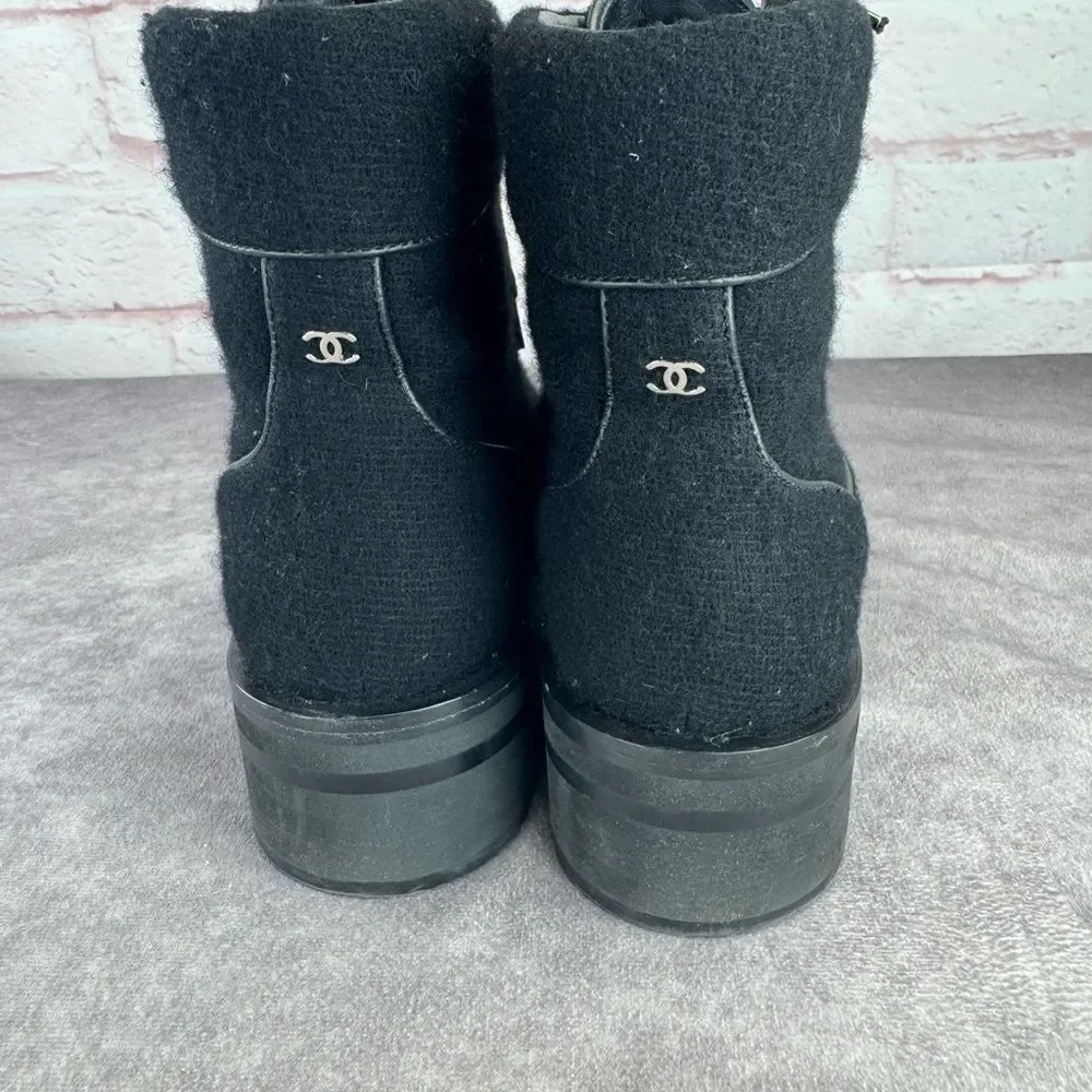 Chanel $1450 Wool Lace Up Black Biker Ankle Boots 9